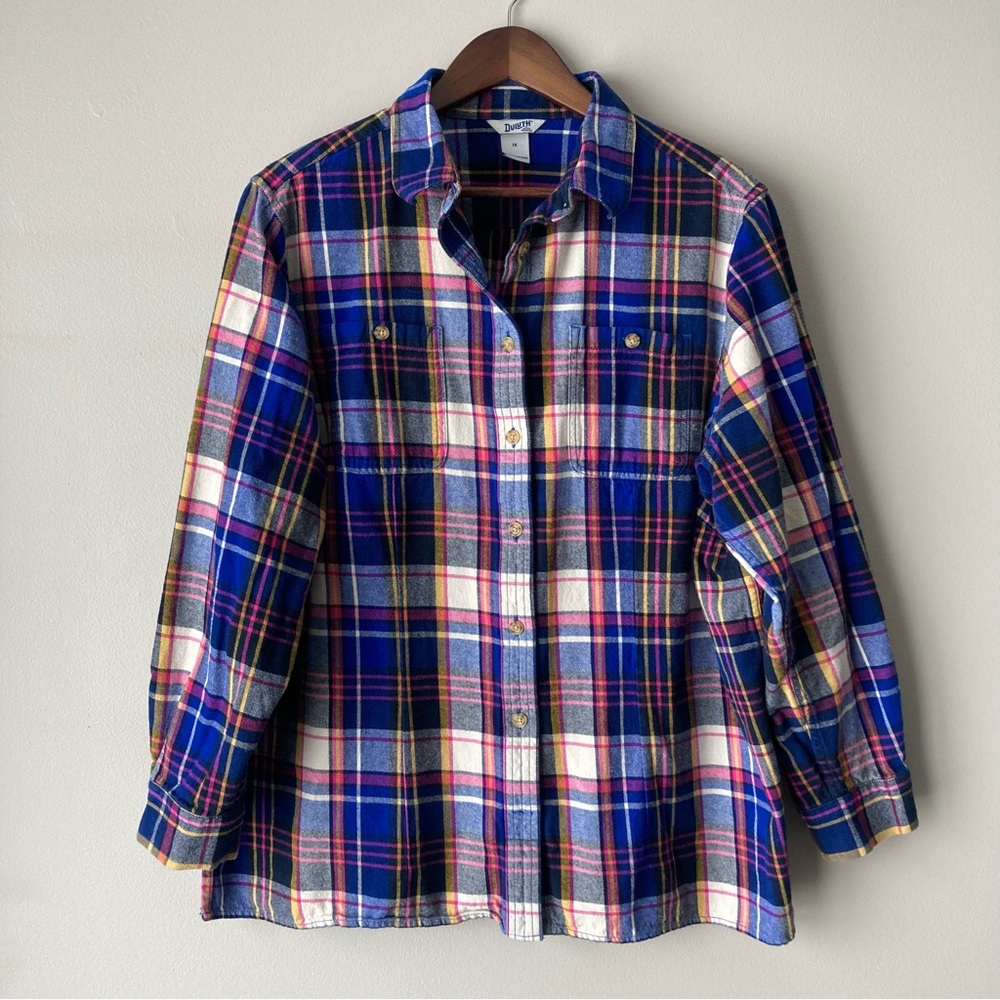 Duluth Trading Co Women’s Blue and Pink Plaid Flannel‎ Button Up Shirt 1X